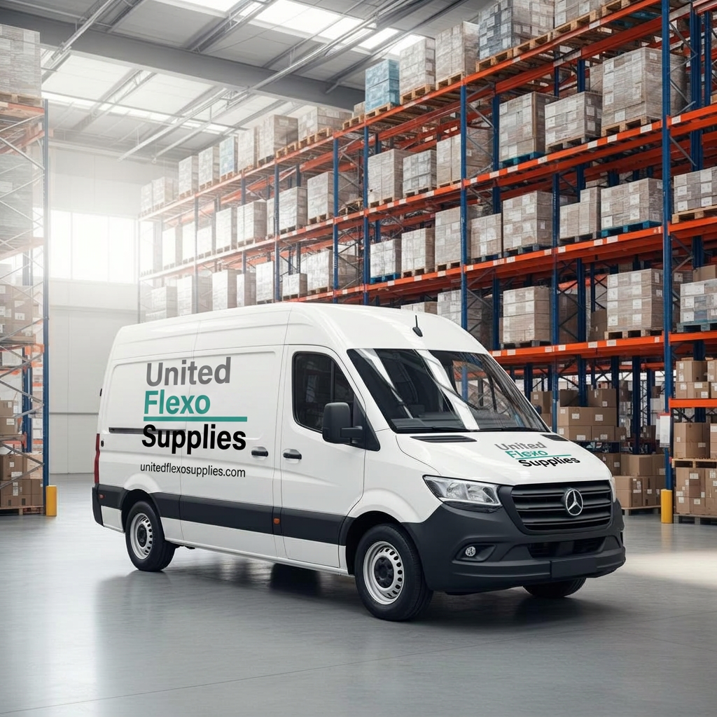 United Flexo Supplies branded company vehicle inside a warehouse