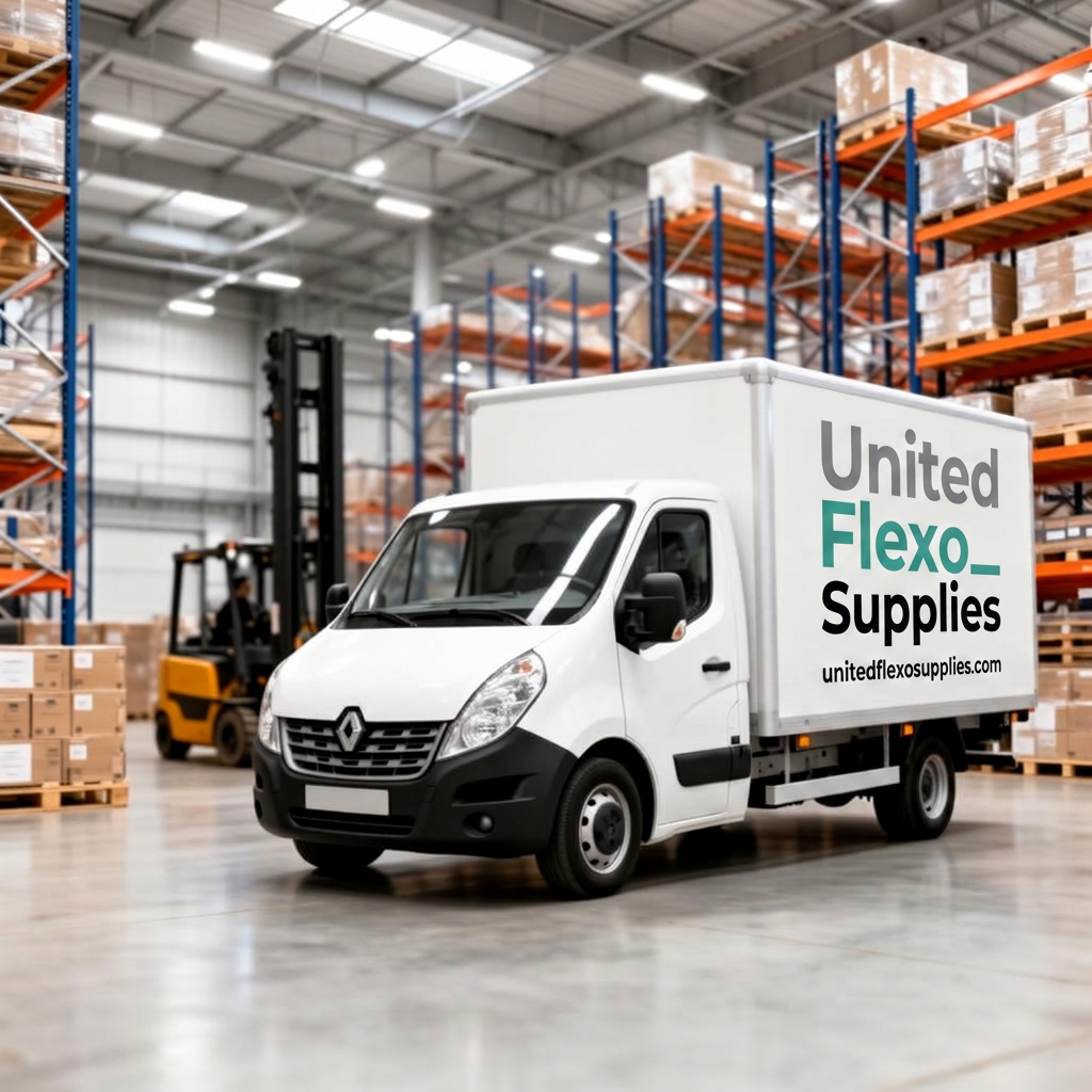 United Flexo Supplies branded delivery van inside a modern stocked warehouse